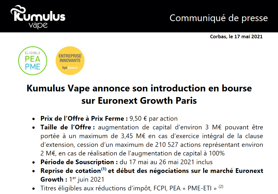Introduction sur Euronext Growth de Kumulus Vape - Ofem